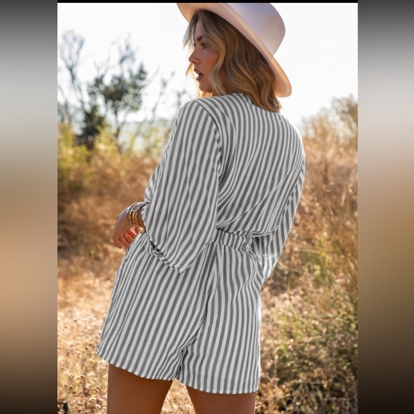 Gray Kimono sleeve romper with tie front and pockets - Picture 2 of 13